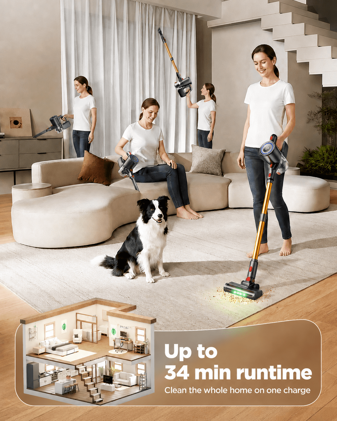 Cordless Vacuum Cleaner, 35KPa Stick Vacuum, Up to 34 Mins Runtime Lightweight Vacuum with Green LED Headlights, Self-Standing Handheld Vacuum for