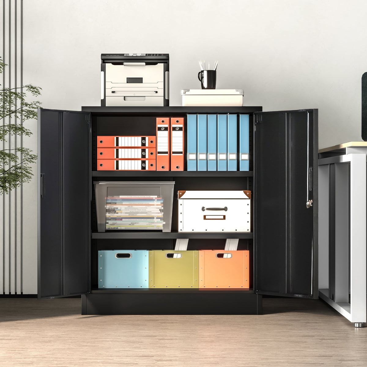Metal Storage Cabinet, Locking Storage Cabinet with Adjustable Shelves, 36.2" H Steel Cabinet for Garage, Home, Office, Utility Room-Black