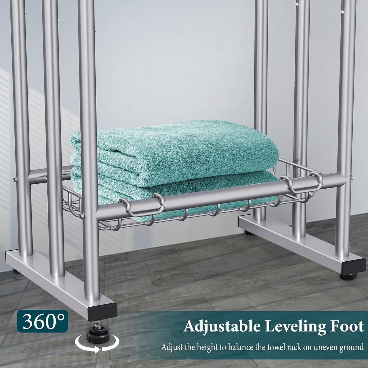 Kayfia 40" Tall Freestanding Towel Racks for Bathroom, 3 Tier Floor Towel Rack with Storage Basket Silver