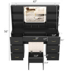 ChVans 47in Vanity Desk Set With LED Lighted Mirror, 7 Drawers, 6 Shelves, Cushioned Storage Stool - Black