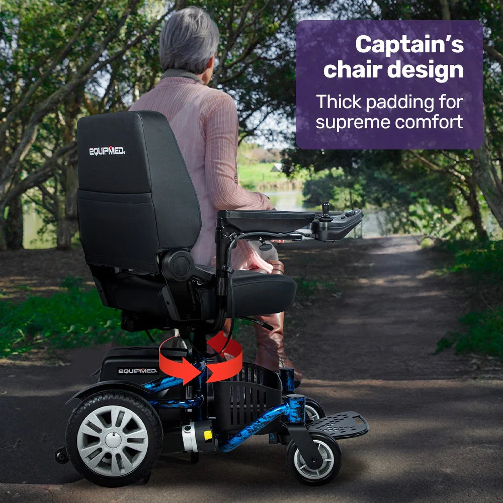 Equipmed Heavy Duty Electric Wheelchair, 20km Range, 125kg Capacity, Blue - PowerCruise Paramount