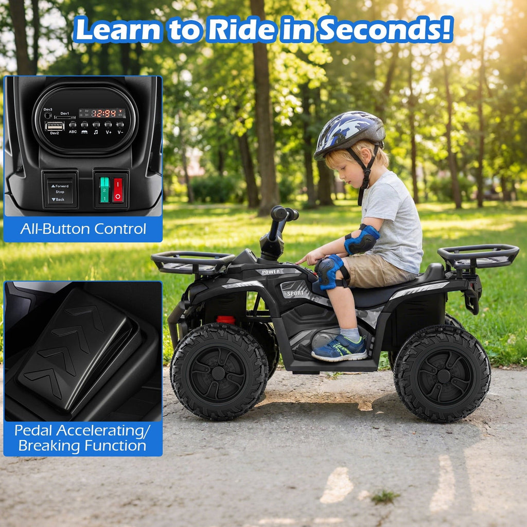 OLAKIDS 24V Kids ATV Quad with 5Mph Max Speed, Spring Suspension, LED Lights, Music & Story Player, Big Tires, 2 Storage Spaces, Ride On Car for Boys