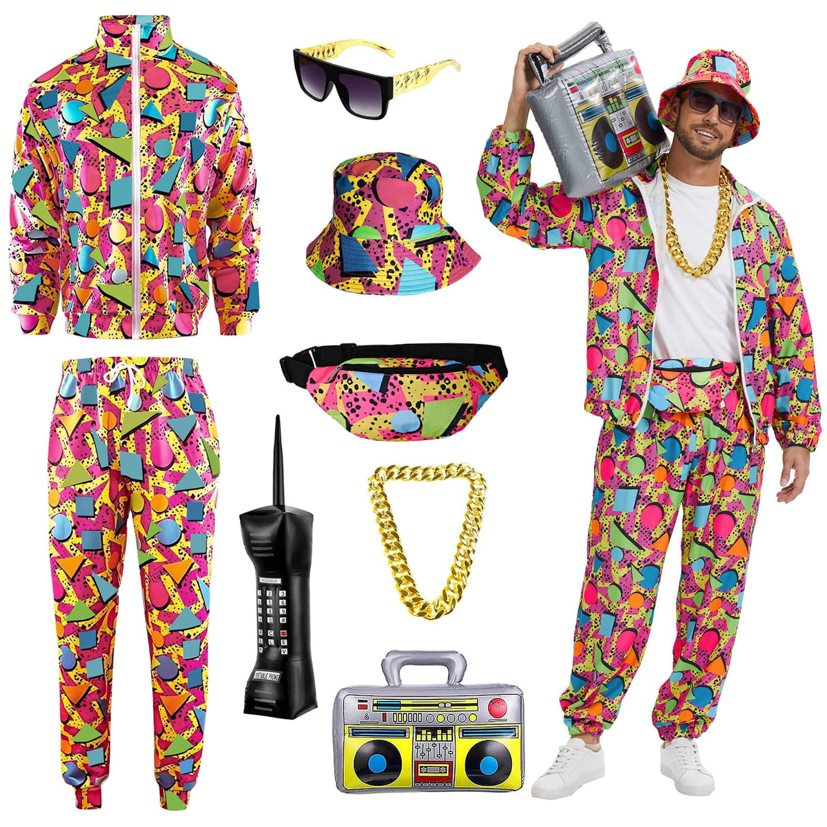GYQMBT 80s 90s Men's Sportswear, Party Hip Hop Windbreaker 90s Disco Sportswear, 80s Adult Bizarre Costume 8 Piece Set