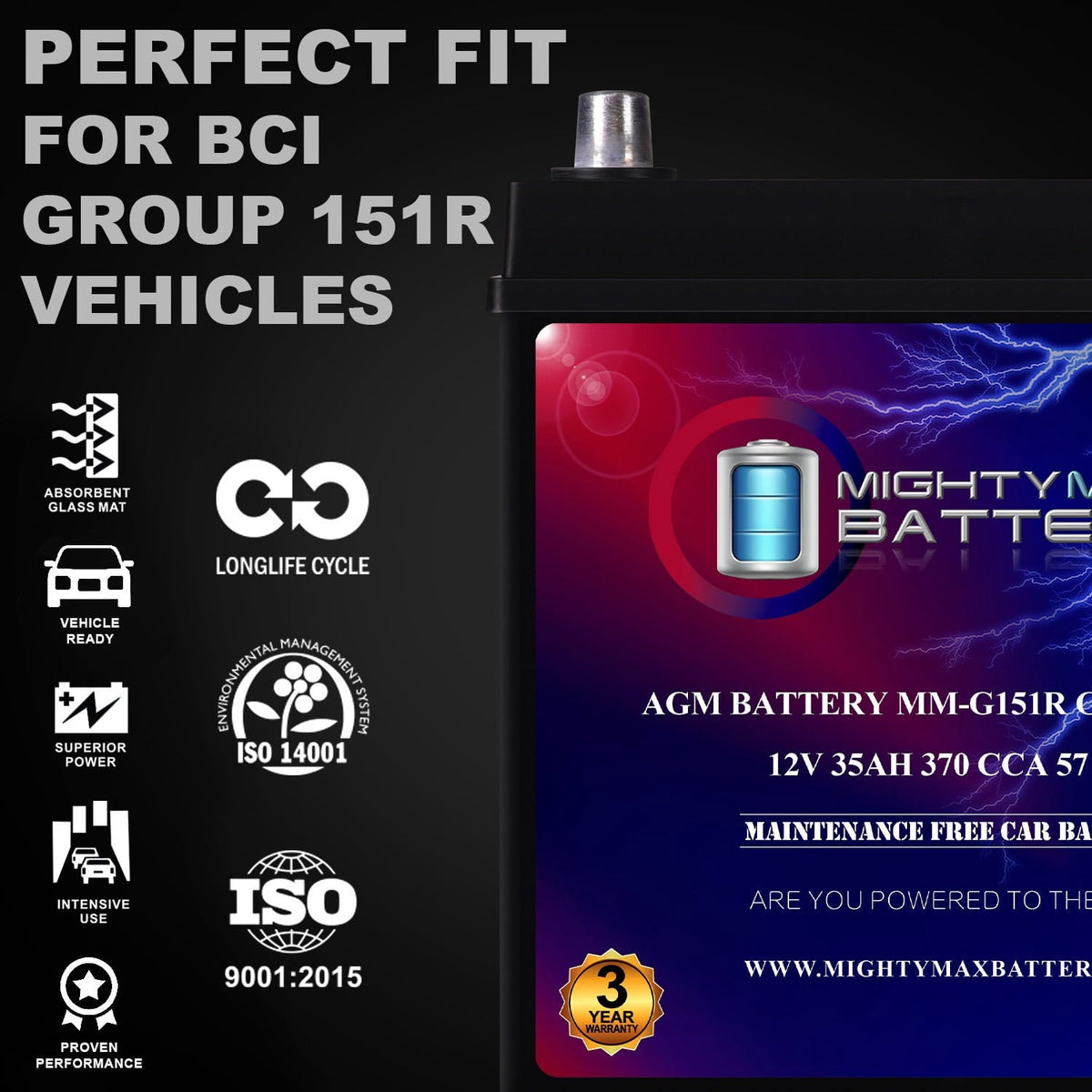 MM-G151R Start and Stop Car BCI Group Size 151R 12V 35Ah, 57RC, 370 CCA Rechargeable AGM Car Battery