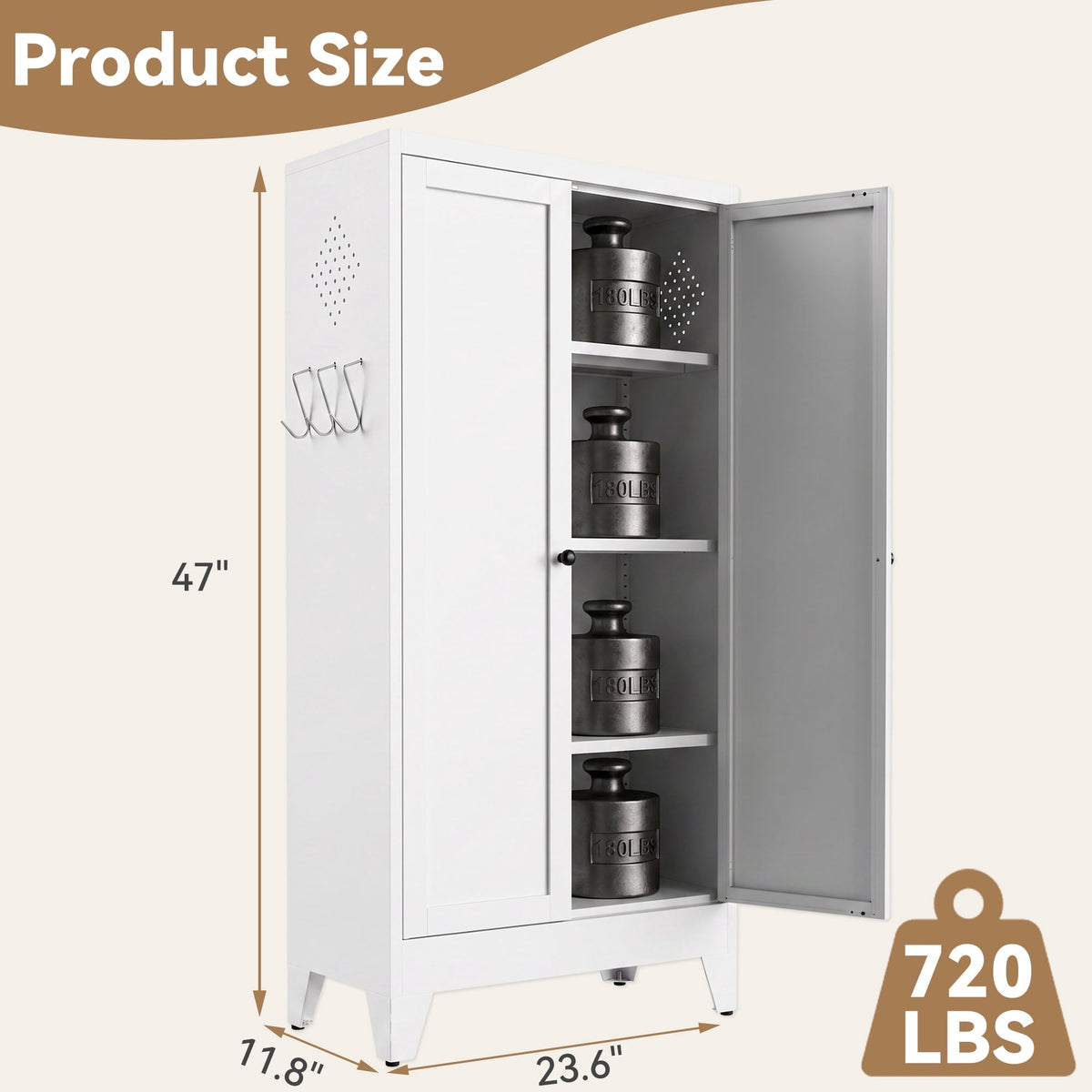 Glyxxen 47" Kitchen Pantry Cabinet, Metal Storage Cabinet, Modern Tall Steel Pantry Cupboard with 2 Doors and Adjustable Shelves for Kitchen Garage