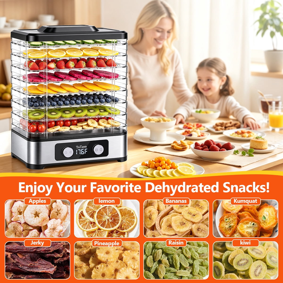 TNTANTS Food Dehydrator, 8 Trays Electric Dehydrator with Adjustable 48H Timer & 95-176℉ Temperature Control, Dehydrator for Food and Jerky, Fruits