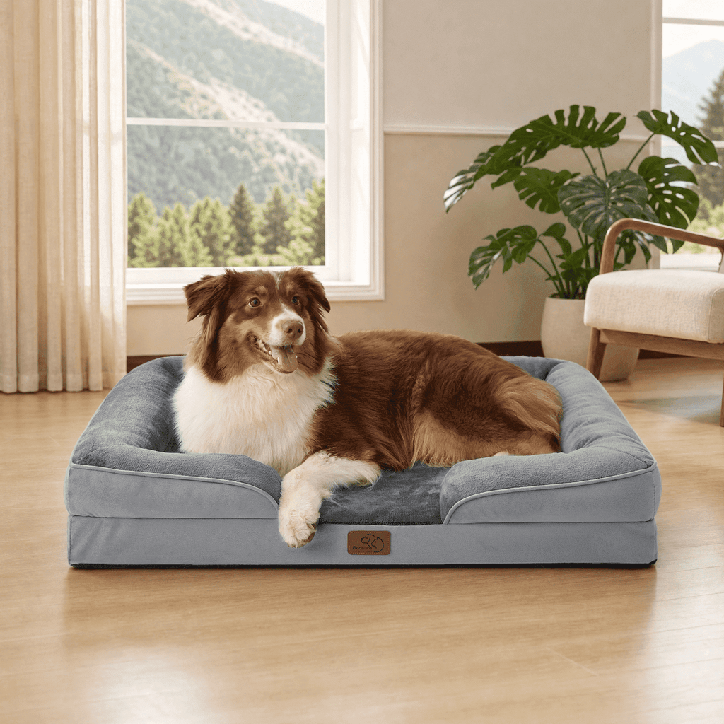 U by Bedsure Orthopedic Dog Bed for Large Dogs with Waterproof Washable Cover, Egg Crate Foam Dog Couch, Bolster Sides, Non-Skid, Gray, 35"