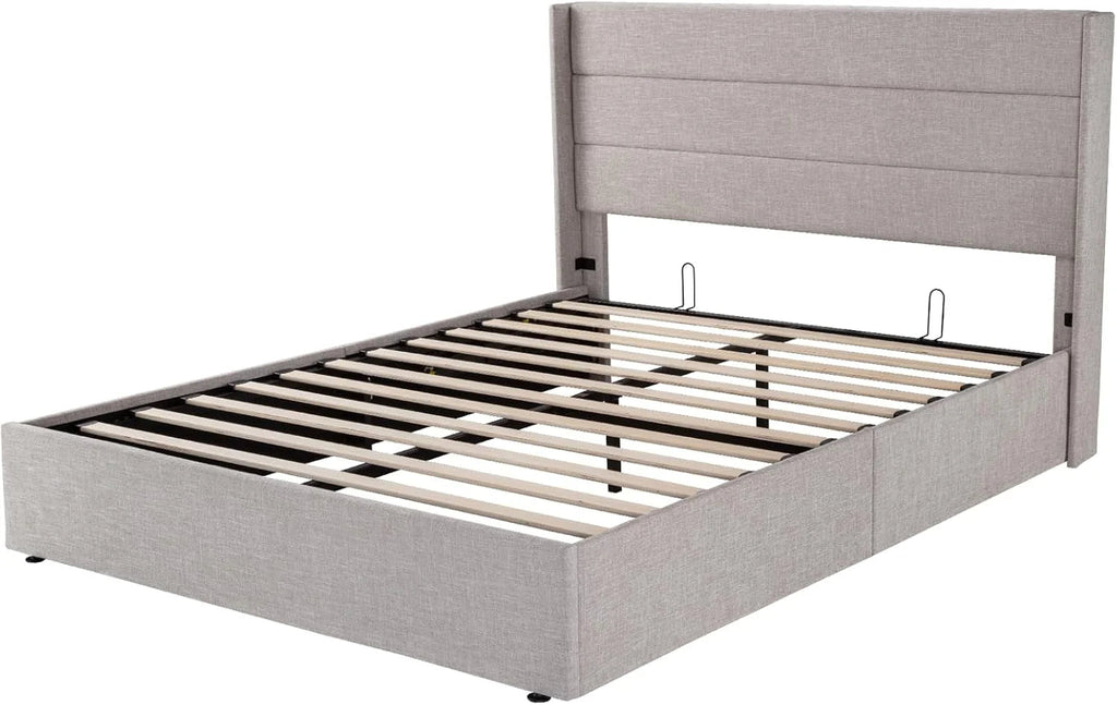 Allewie Queen Lift Up Storage Bed Frame With Wingback Headboard, Light Beige - 80.7 x 60.6 x 44.5 in