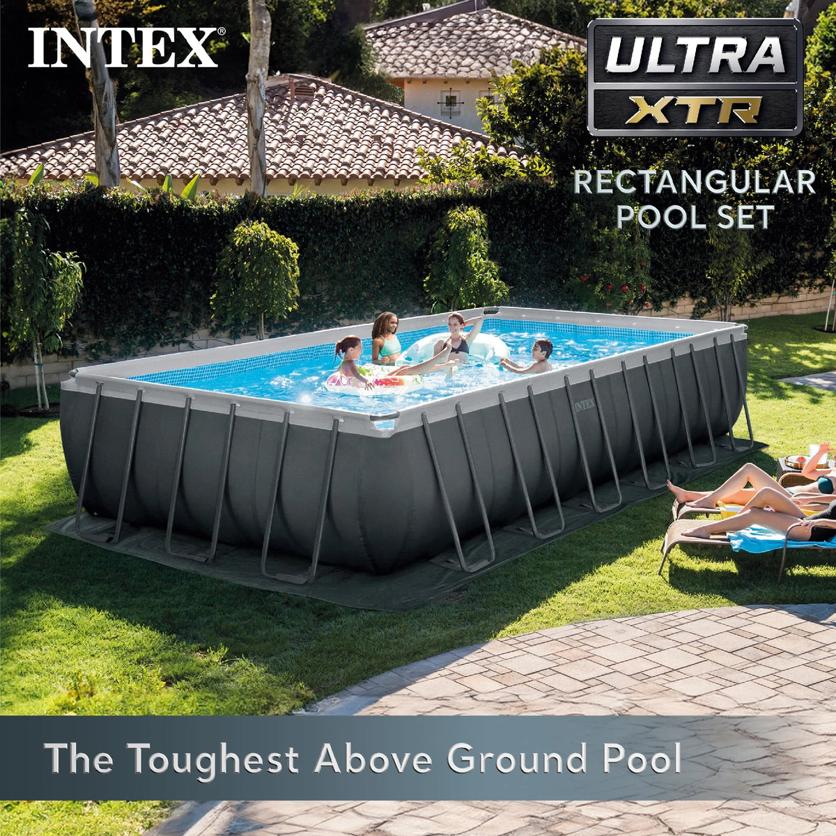 INTEX Ultra XTR Above Ground Pool 24ft x 12ft x 52in With 2 Floating Recliners And Mega Chill II Cooler