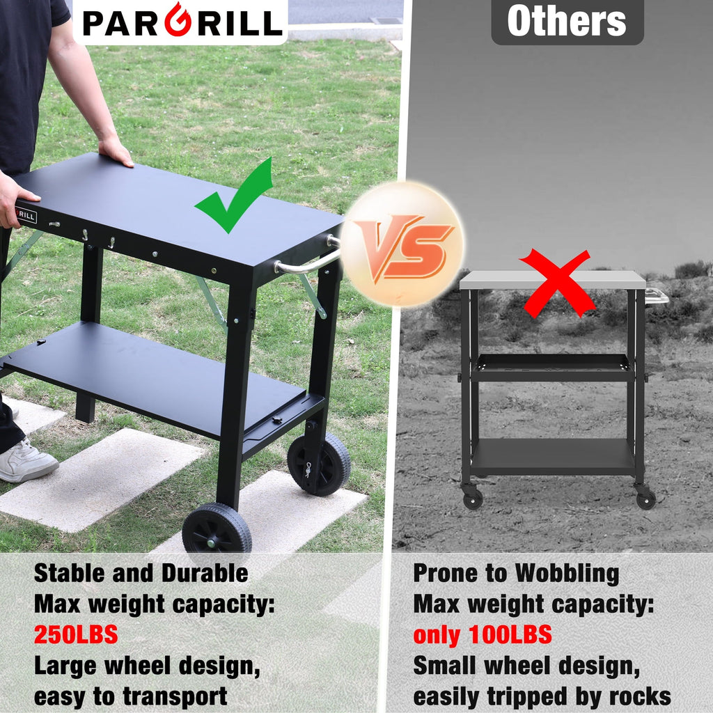 PARGRILL Outdoor Folding Grill Cart with Pull-Out Side Table, Griddle Stand Fit 17 Inch or 22 Inch, Portable Stainless Steel BBQ Prep Station with