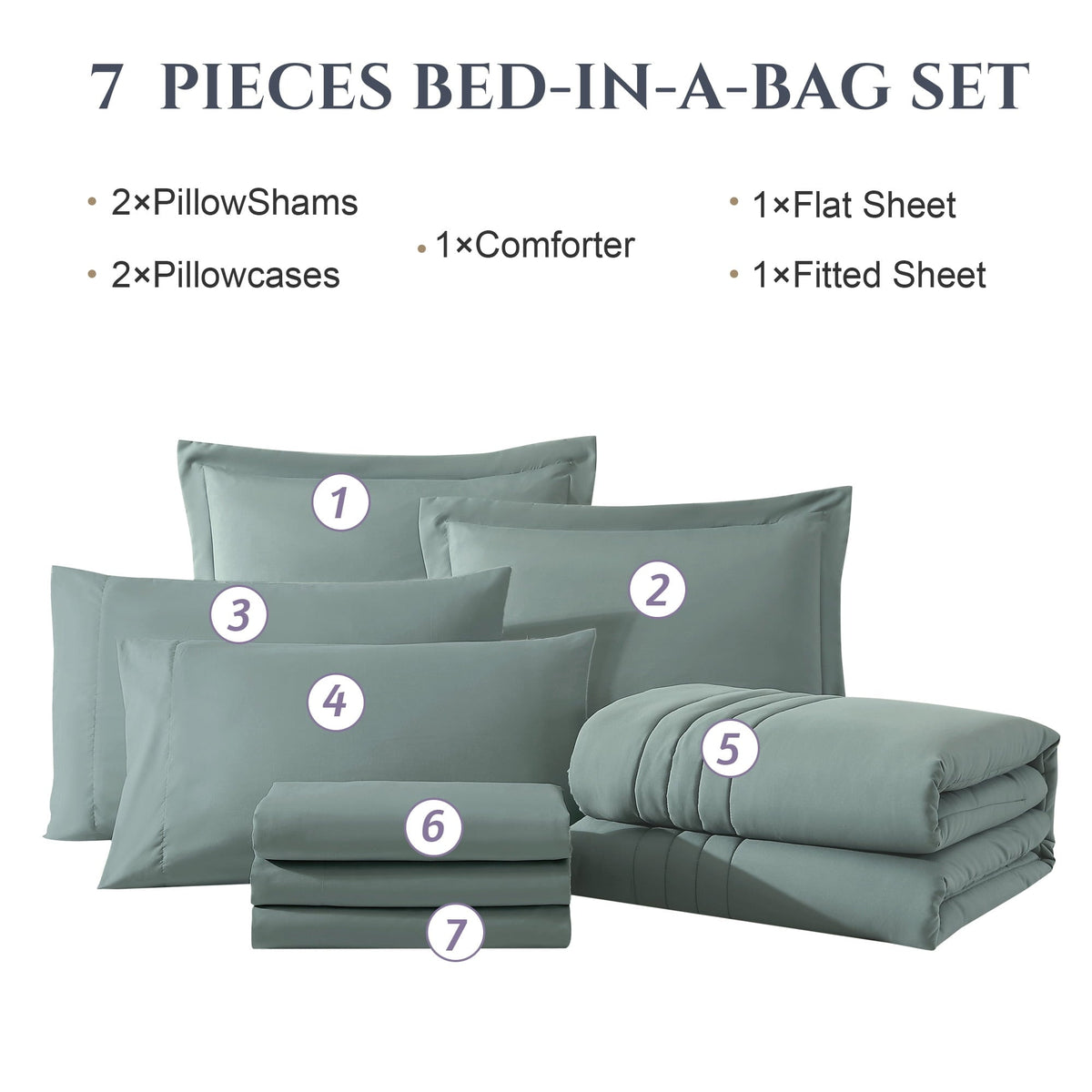 Amberspace 7-Piece Bed in a Bag Comforter Set with Sheets,Sage Green,Queen