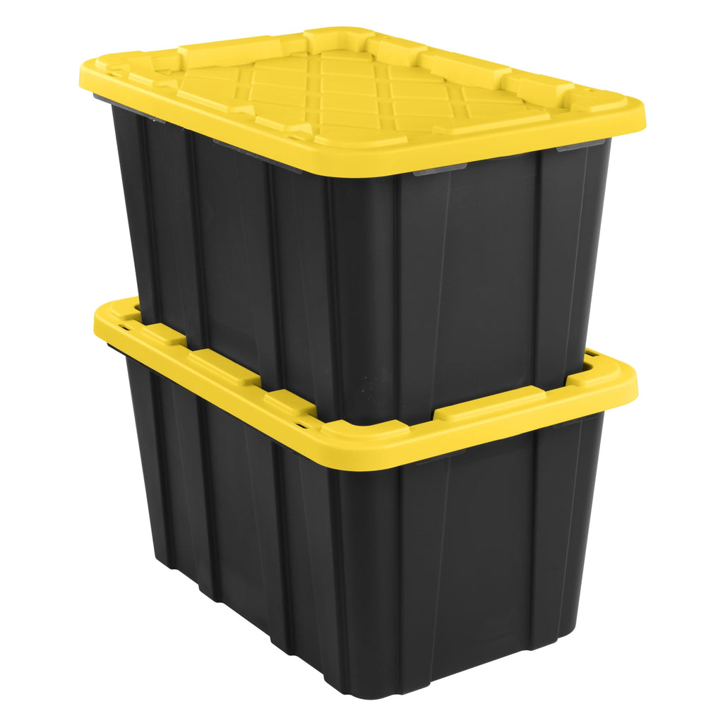 Sterilite 27 Gal Large Plastic Industrial Storage Bin with Snap-Fit Lid, Black and Yellow, 6 Pack