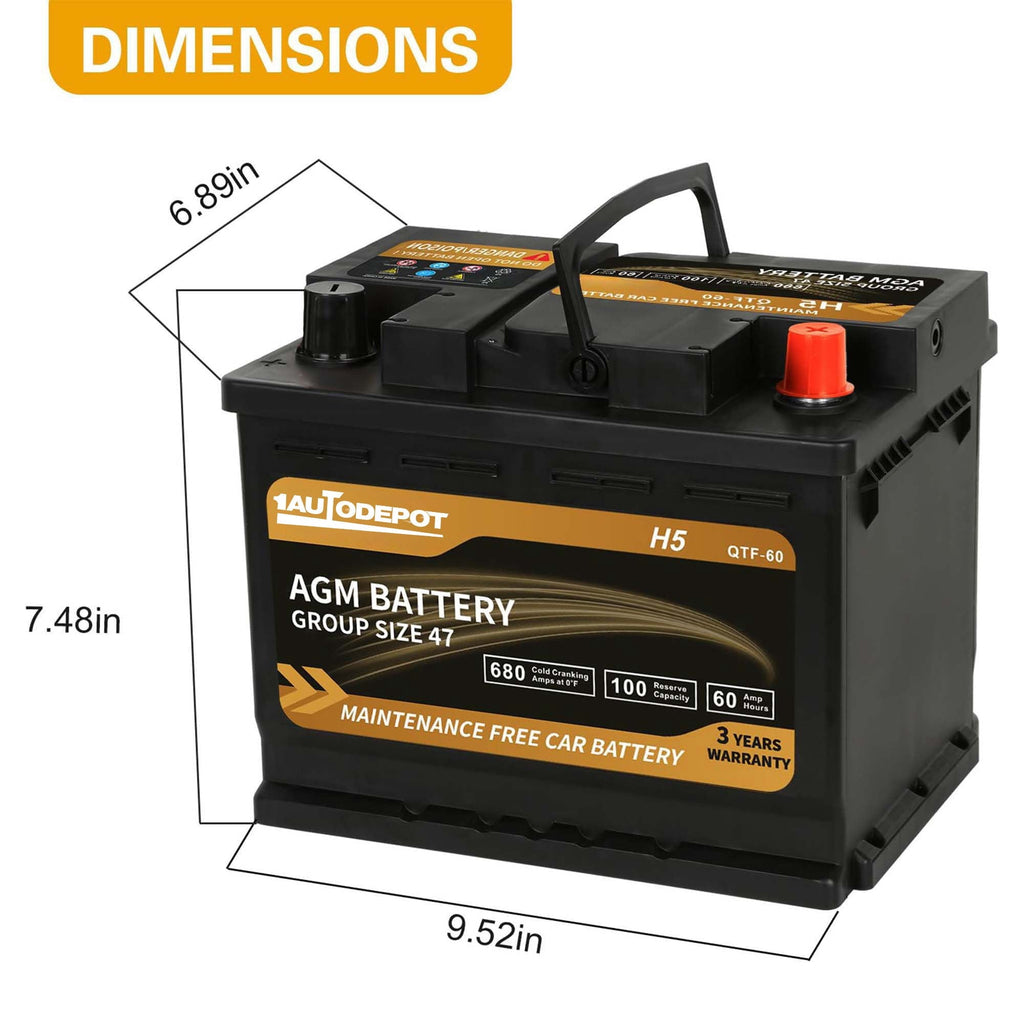 1AUTODEPOT Platinum AGM Group 47 Battery, 12 Volt Rechargeable Automotive Batteries for Car, H5 680CCA 60Ah 100RC