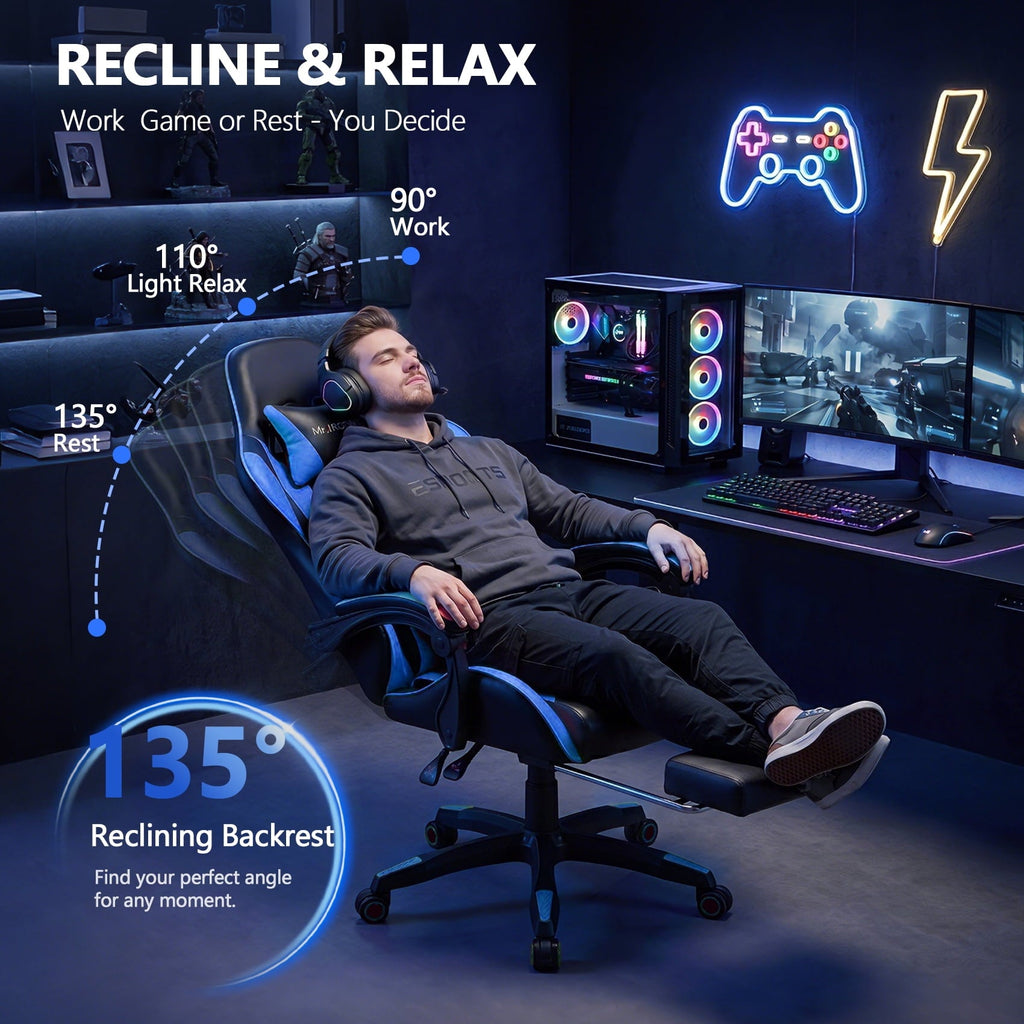 Mr IRONSTONE Ergonomic Gaming Chair with Massage Lumbar Support and Footrest, Heavy Duty 400lbs Computer Chair for Adults, Blue/Black