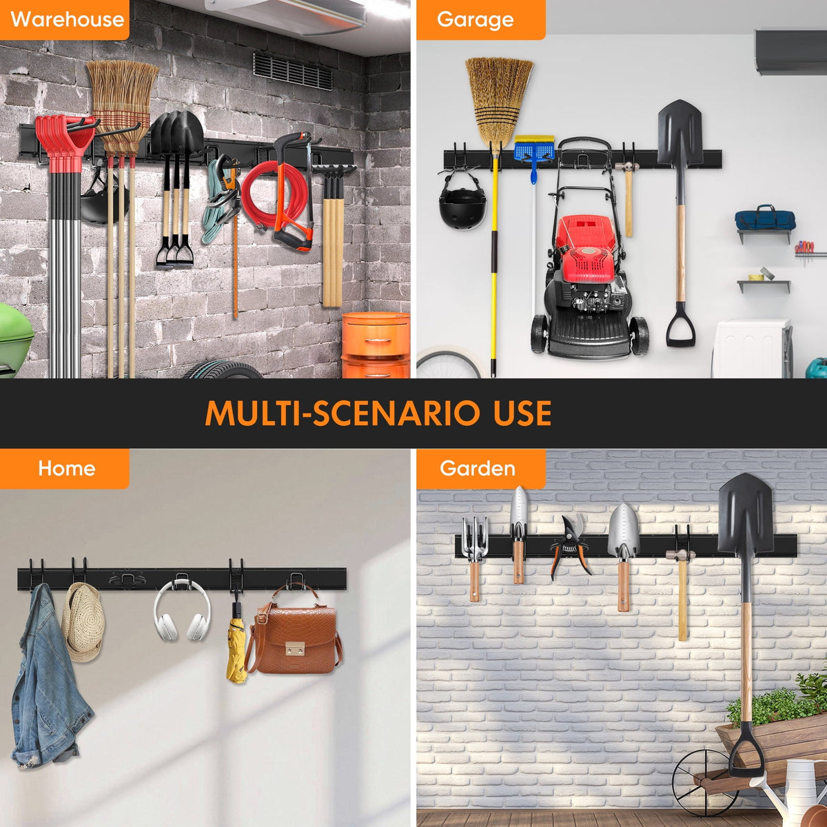 Riousery Garage Tool Organizer, Heavy-Duty Steel Wall Mount, 48-Inch Garage Organization Rack with 6 Adjustable Hooks for Garden and Yard Storage