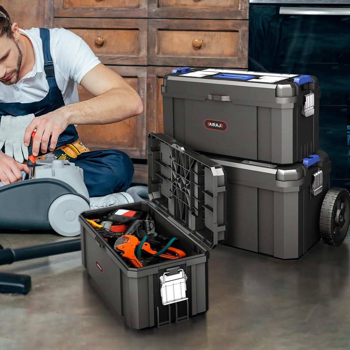 AIRAJ 3-in-1 Rolling Tool Box with Wheels Stackable Tool Chest Tool Storage Organizer Removable Trays 17 in 19 in 21 in Garage Workshop