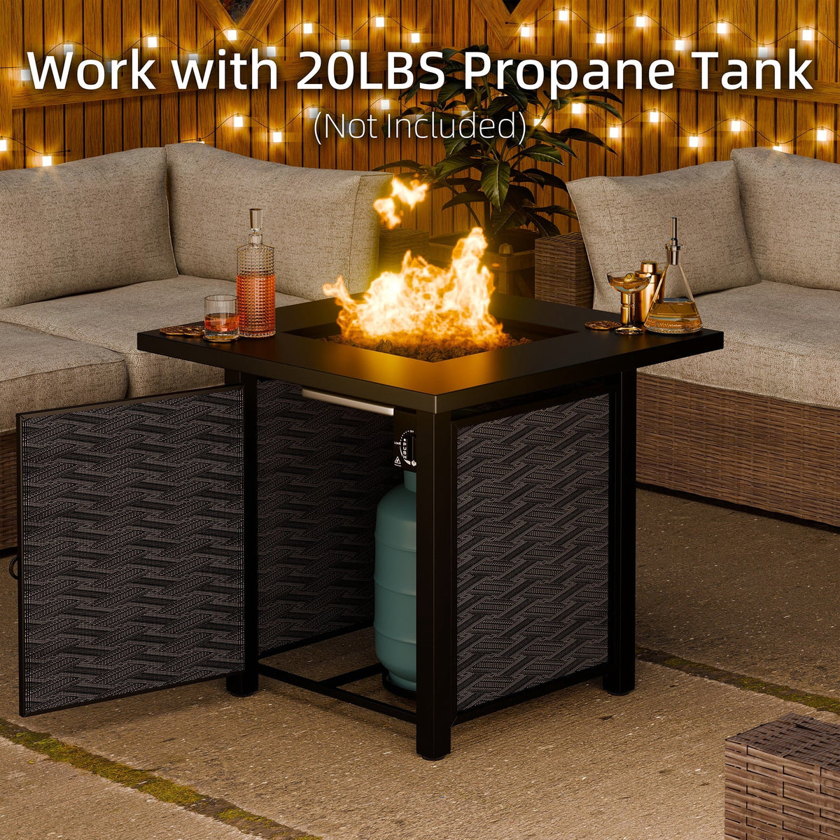 Walsunny 28" Propane Fire Pit Table 50,000 BTU Steel Gas Fire Pit with Removable Lid & Waterproof Cover and Tables