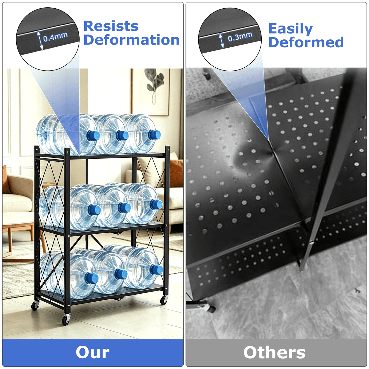 TAIMASI 3-Tier Foldable Metal Shelf with Wheels, Heavy-Duty Movable Wire Rack for Garage, Kitchen, Basement, Pantry Storage, 28''L x 13.4''W x