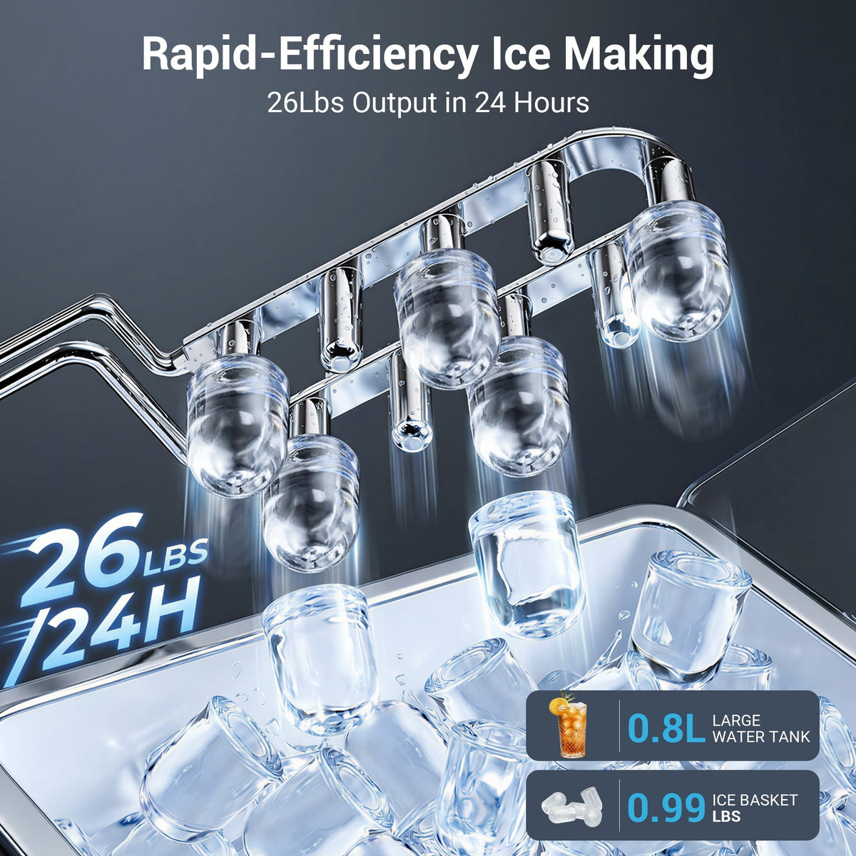 Snowyermine Countertop Ice Maker with Handle, 26 lbs/24H Portable Ice Machine, 2 Bullet Ice Sizes, 8 Cubes in 6 Minutes, Self-Cleaning for Home, Bar