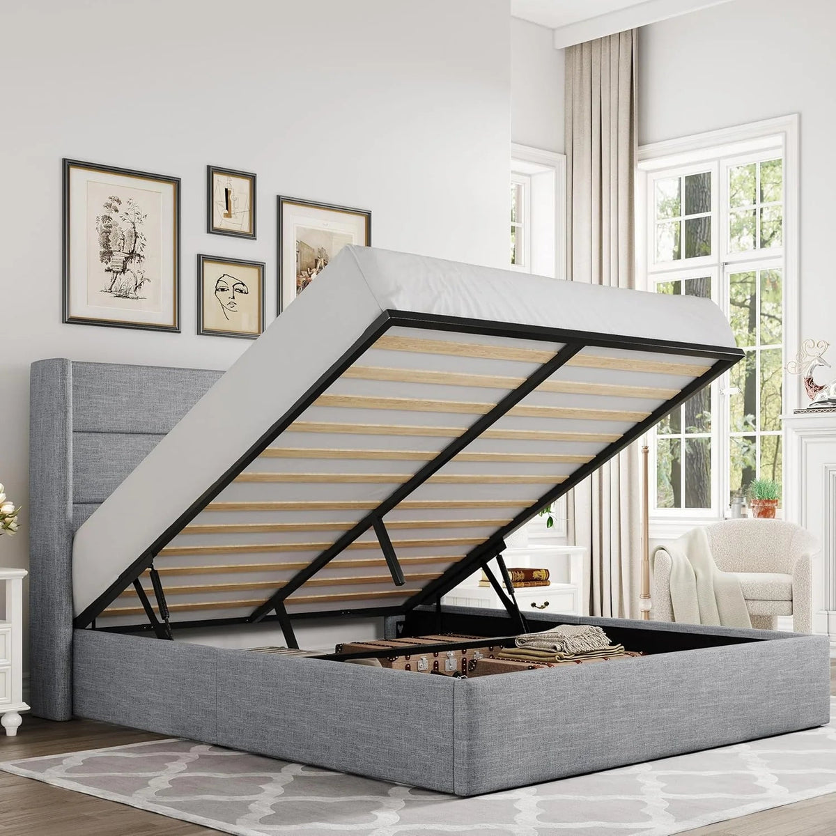 Allewie Queen Lift Up Storage Bed Frame With Wingback Headboard, Light Beige - 80.7 x 60.6 x 44.5 in