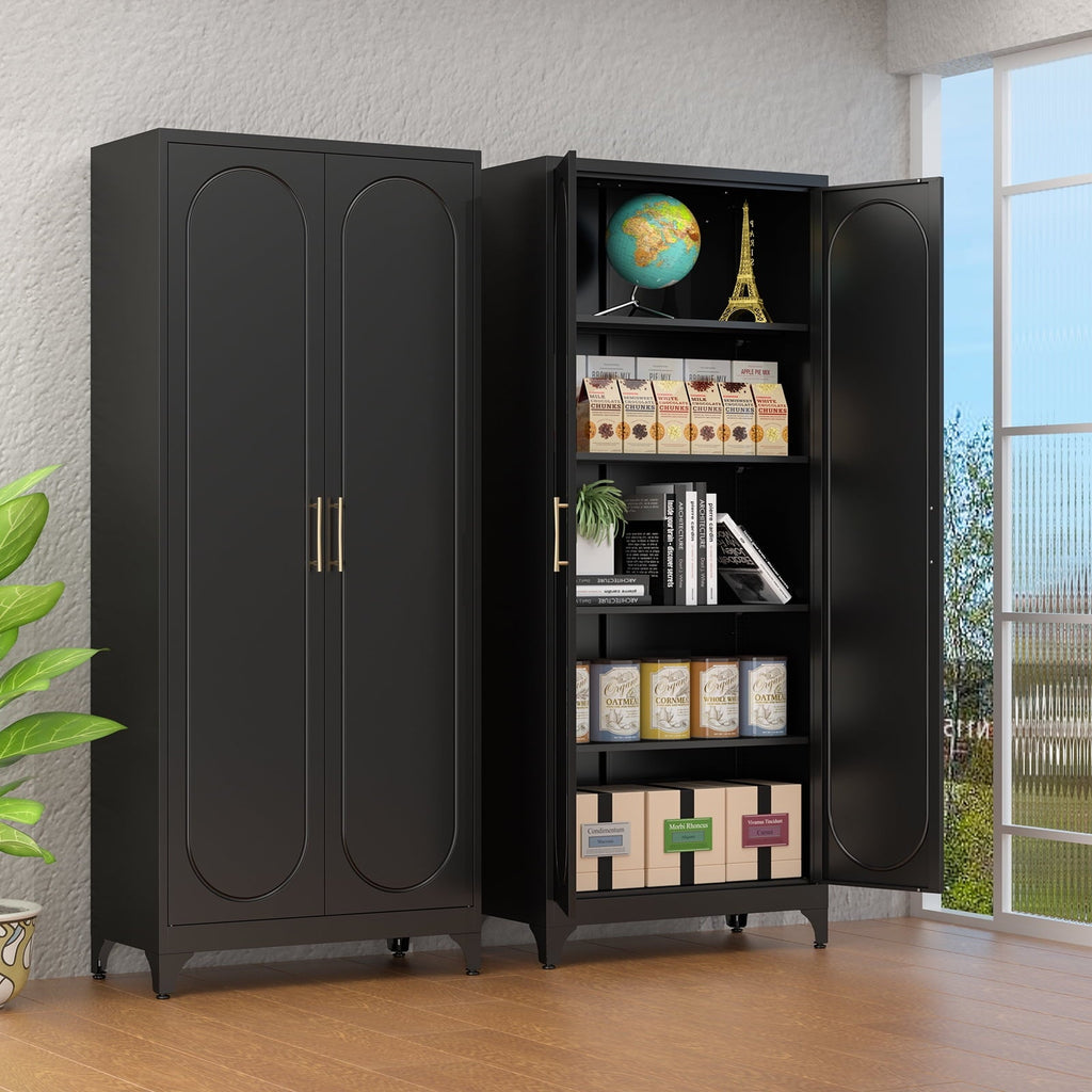 Polup Modern Tall Metal Kitchen Storage Pantry Cabinet, 75" H, Adjustable Shelves, Doors, Black