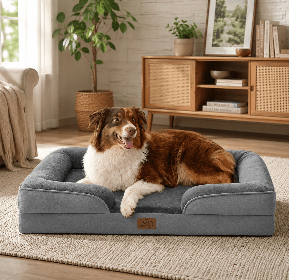 U by Bedsure Orthopedic Dog Bed for Large Dogs with Waterproof Washable Cover, Egg Crate Foam Dog Couch, Bolster Sides, Non-Skid, Gray, 35"
