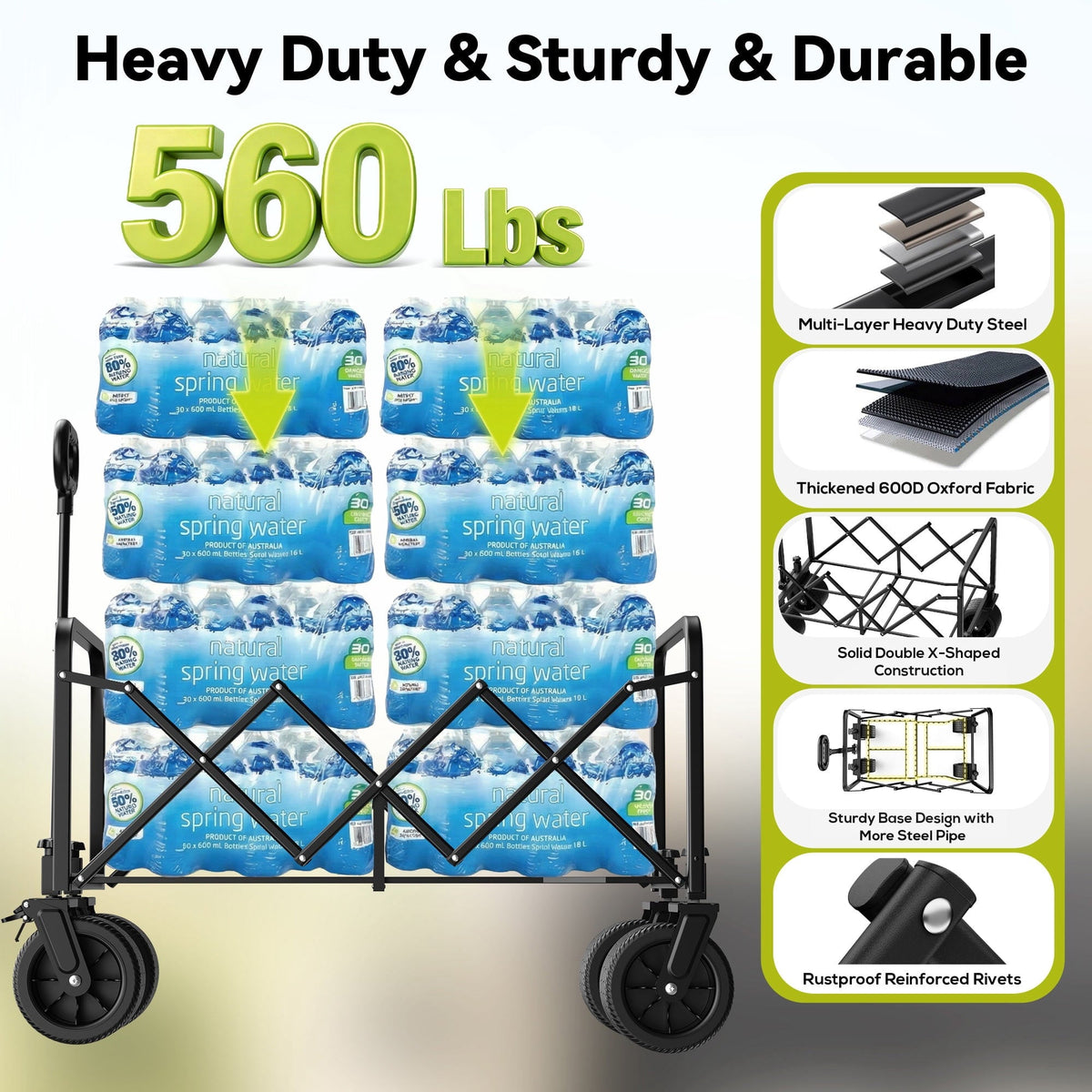 Qunler 560lbs Large Collapsible Folding Wagon with Oversized Tank Wheels, Heavy Duty Big Bucket Utility Garden Cart with Side Pocket for Sports