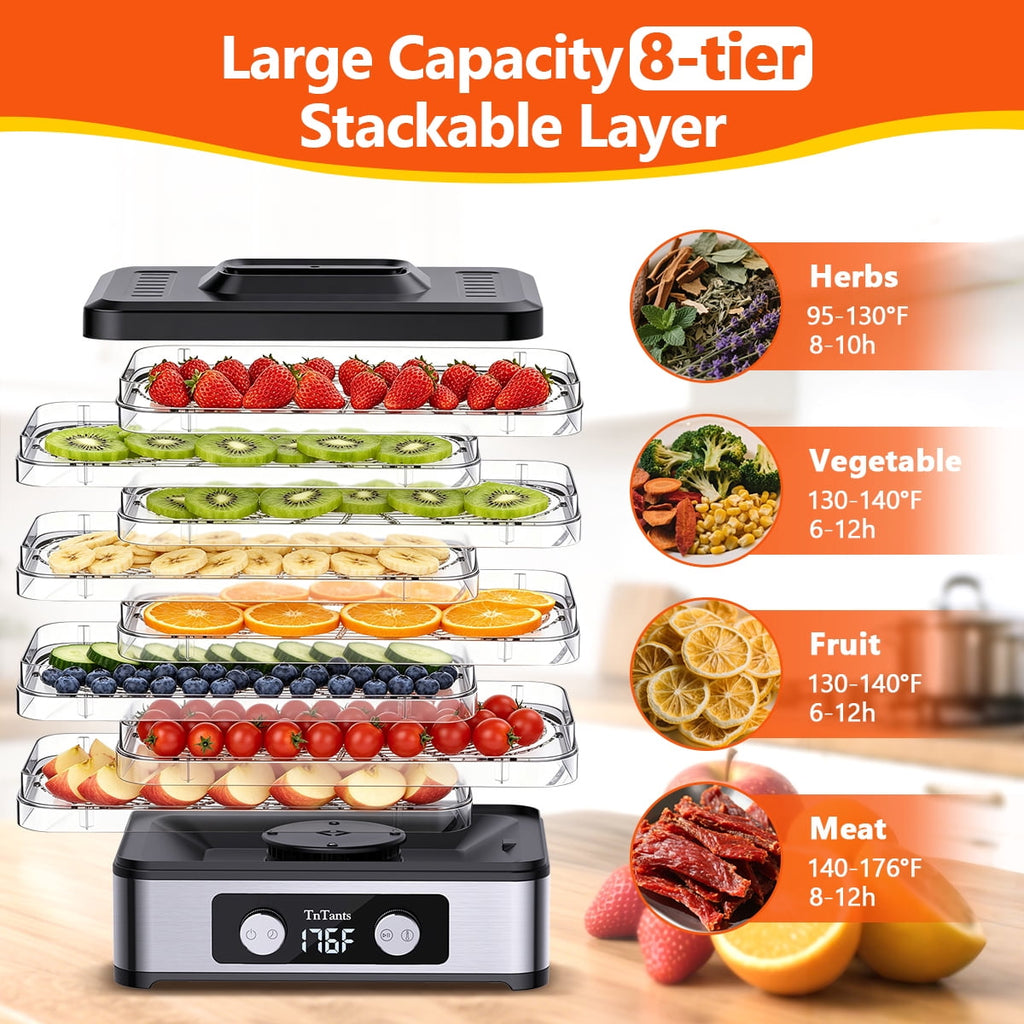 TNTANTS Food Dehydrator, 8 Trays Electric Dehydrator with Adjustable 48H Timer & 95-176℉ Temperature Control, Dehydrator for Food and Jerky, Fruits