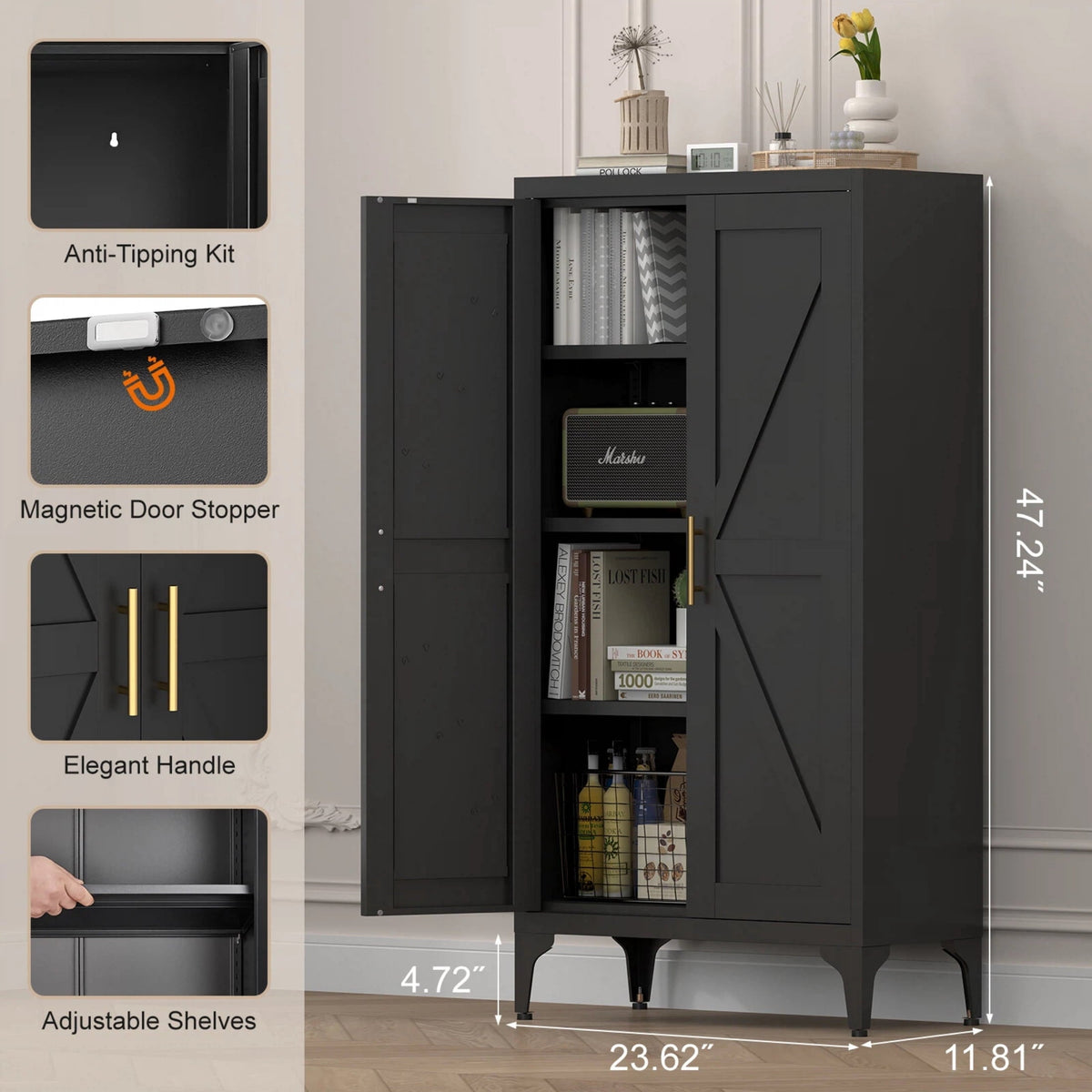 AISWORD 47 Inch Metal Kitchen Pantry Cabinet, Freestanding Storage Cupboard with 3 Adjustable Shelves, 4-Tier Tall Storage Cabinet for Kitchen