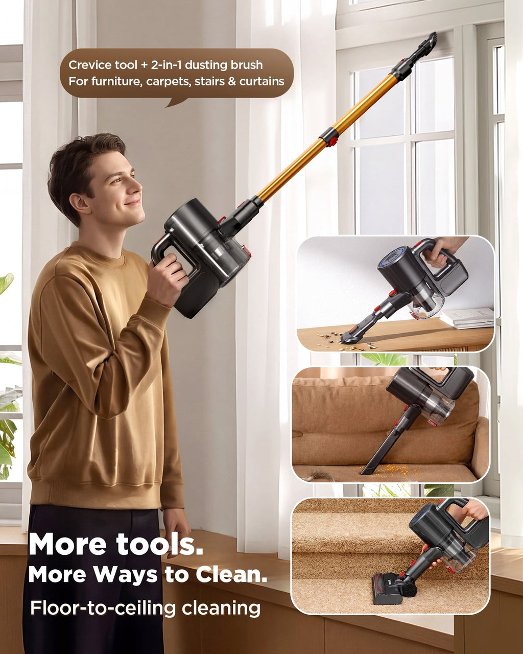 Cordless Vacuum Cleaner, 35KPa Stick Vacuum, Up to 34 Mins Runtime Lightweight Vacuum with Green LED Headlights, Self-Standing Handheld Vacuum for