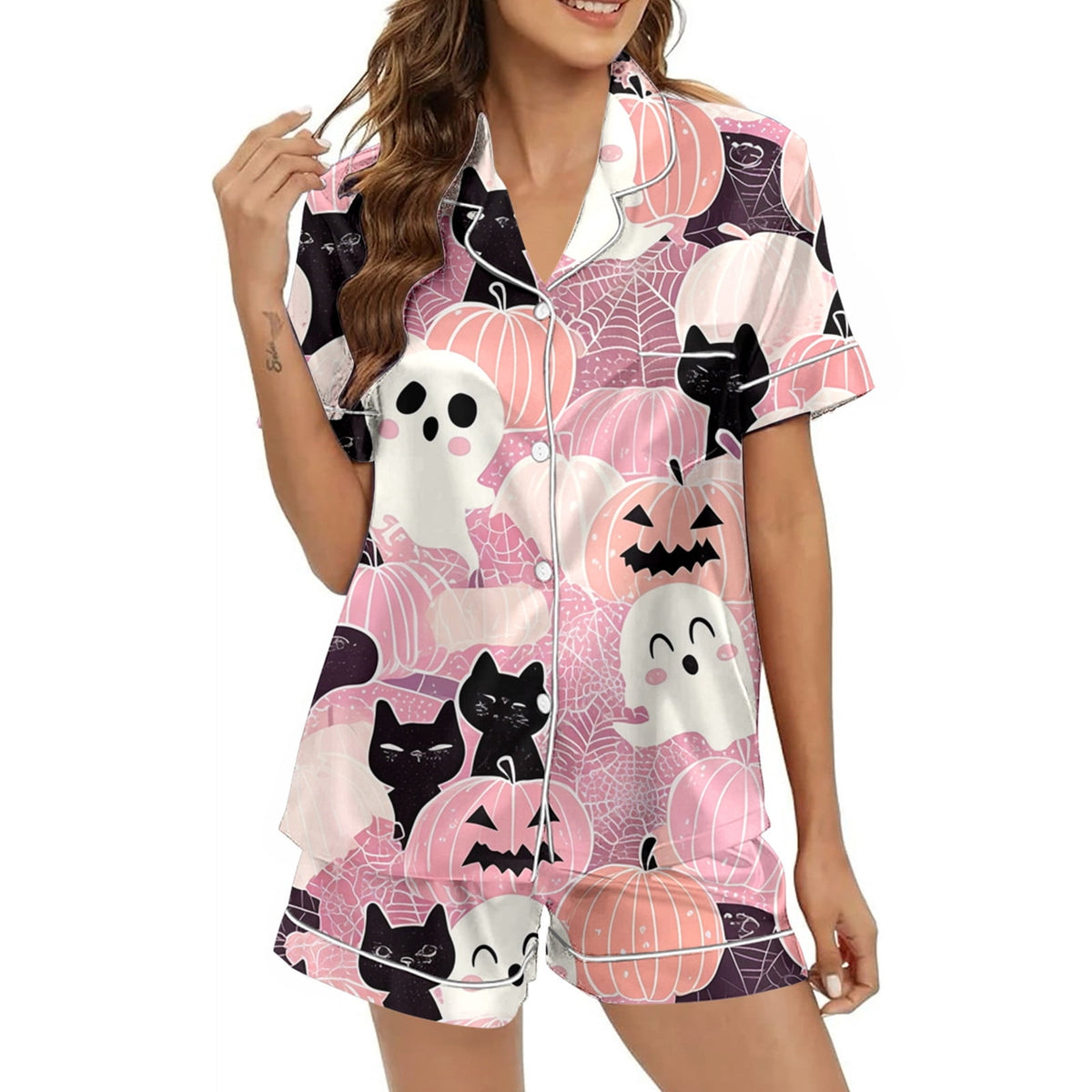 Hpapadks Halloween Pajamas Women Silk Graphic Button Down Short Sleeve Shirts and Shorts 2 Piece Sleepwear Women Pjs Sets Light Pink