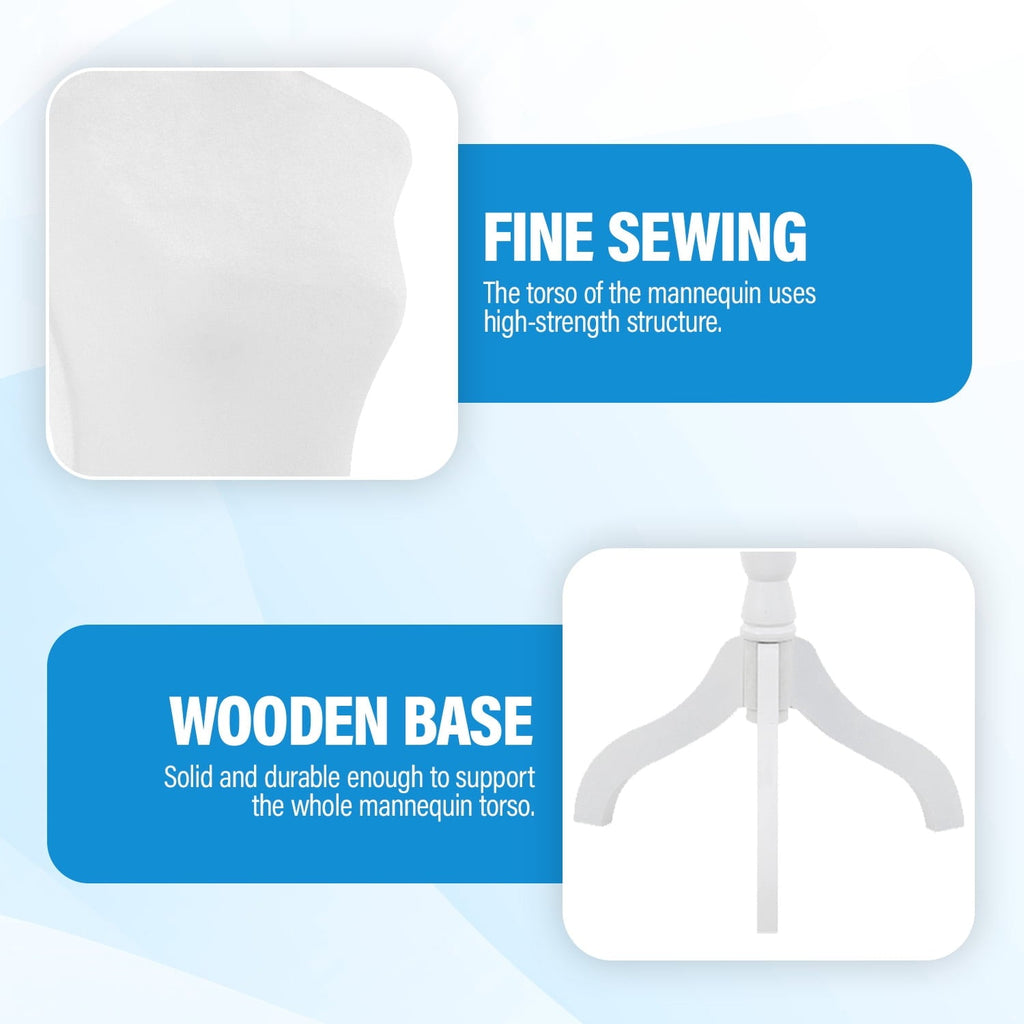 FDW Adjustable Female Dress Form Sewing Mannequin, 50-63" Waist, White, Wooden Tripod Stand
