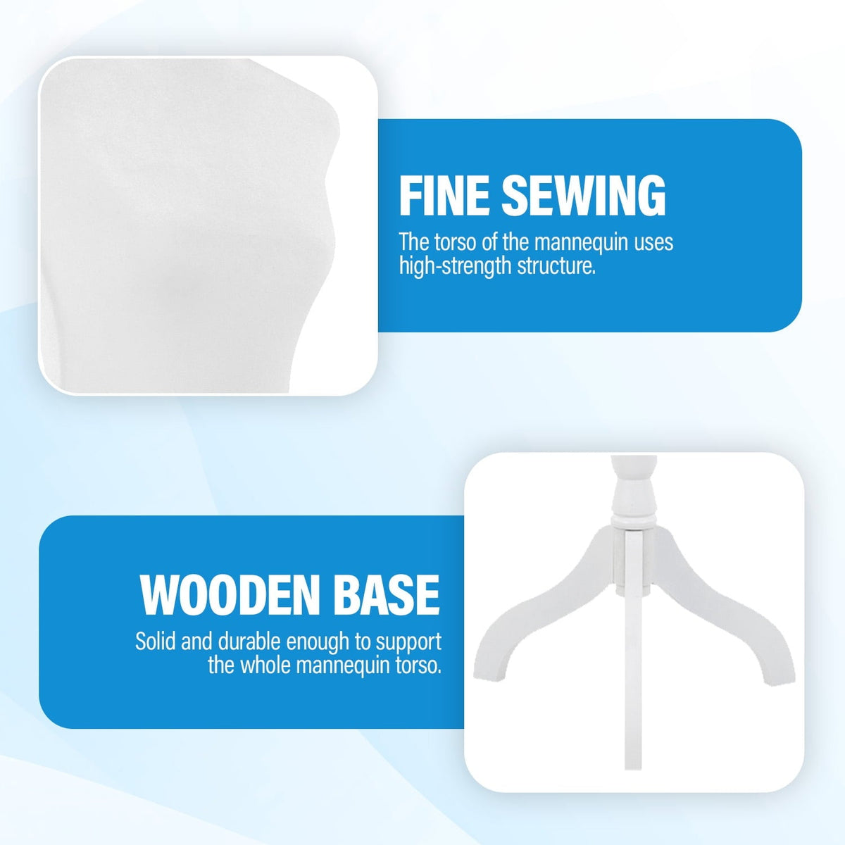 FDW Adjustable Female Dress Form Sewing Mannequin, 50-63" Waist, White, Wooden Tripod Stand