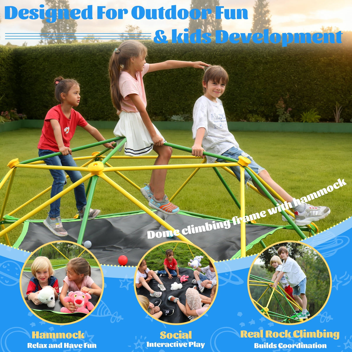 10FT Climbing Dome with Hammock and Led String Light,Fashionsport Outfitters Kids Geometric Climber Dome Jungle Gym Outdoor Play Toddler Play Set for