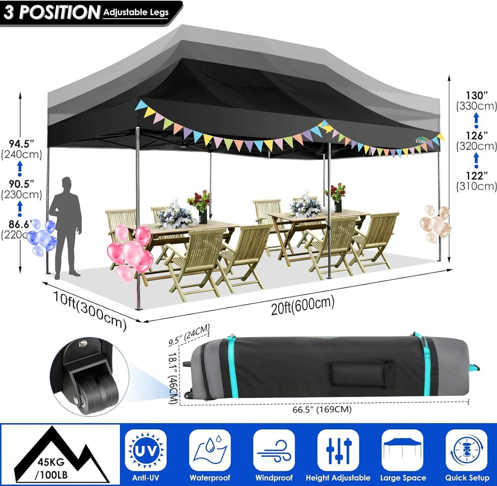 COBIZI 10x20 Heavy Duty Pop-Up Canopy Tent With 6 Sidewalls - Black