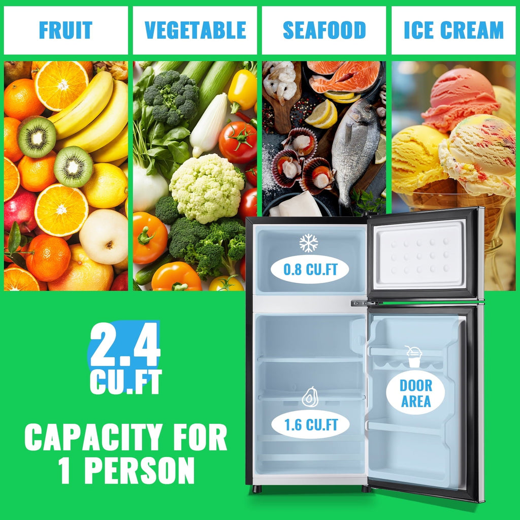 DEMULLER 2.4 Cu.ft Mini Refrigerator Small Fridge with Freezer Dual Door Fridge New Silver