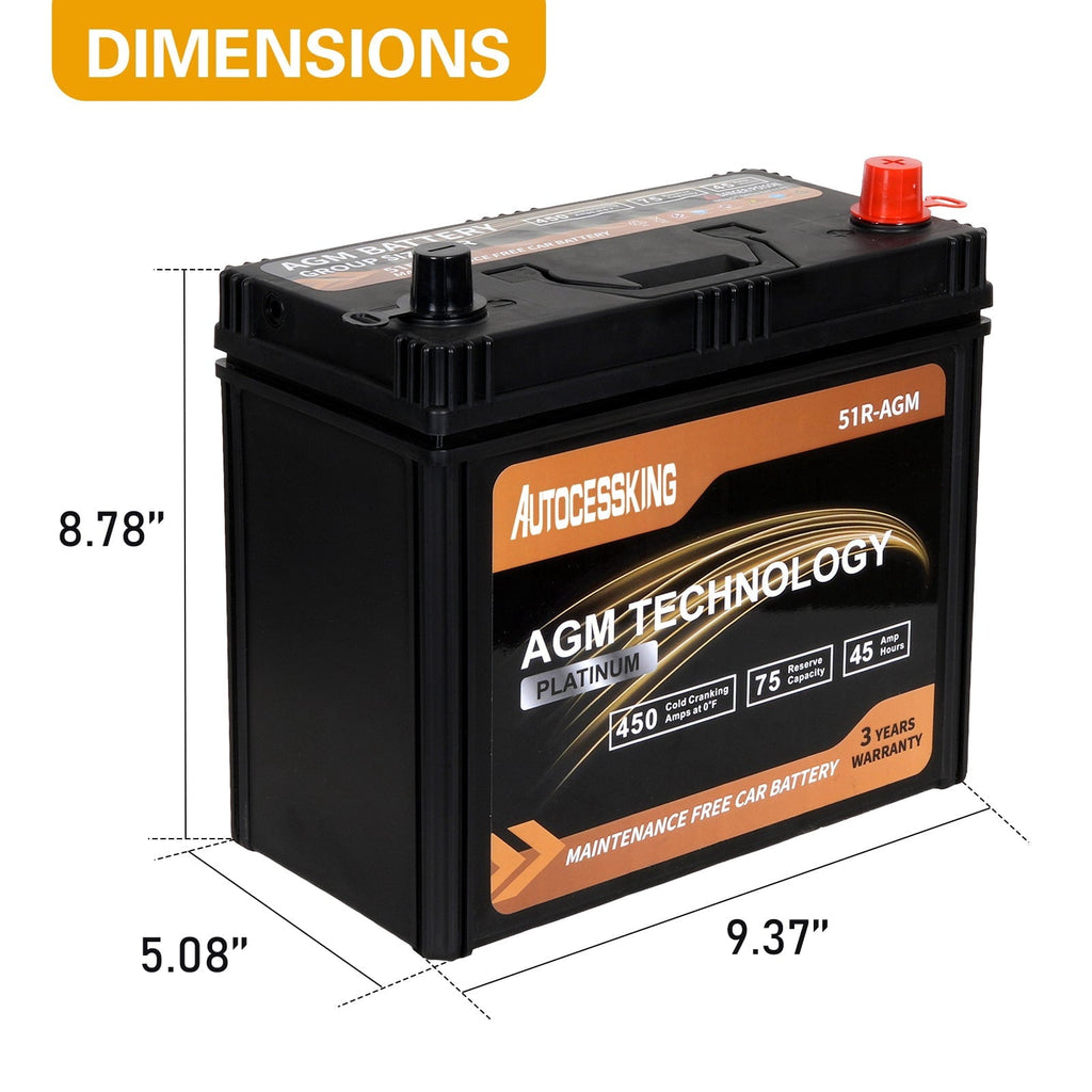 Autocessking Platinum AGM Battery, Group 51R Rechargeable Automotive Batteries for Car, 12V 450CCA 45Ah 75RC