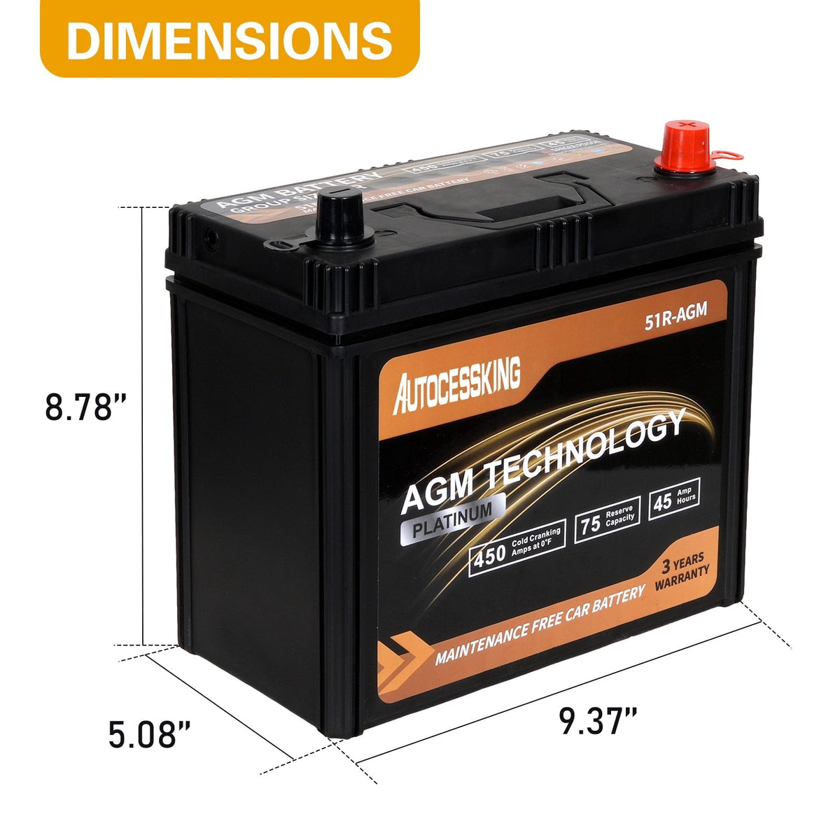 Autocessking Platinum AGM Battery, Group 51R Rechargeable Automotive Batteries for Car, 12V 450CCA 45Ah 75RC
