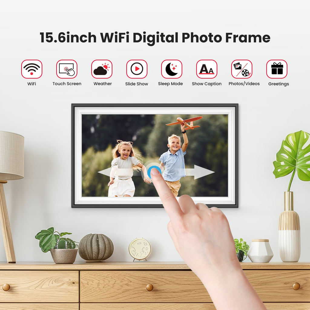 64GB Frameo Digital Picture Frame, TEMASH 15.6 Inch Large Digital Photo Frame WiFi, 1920*1080 FHD IPS Touchscreen Auto Rotate, Easy to Share Photos
