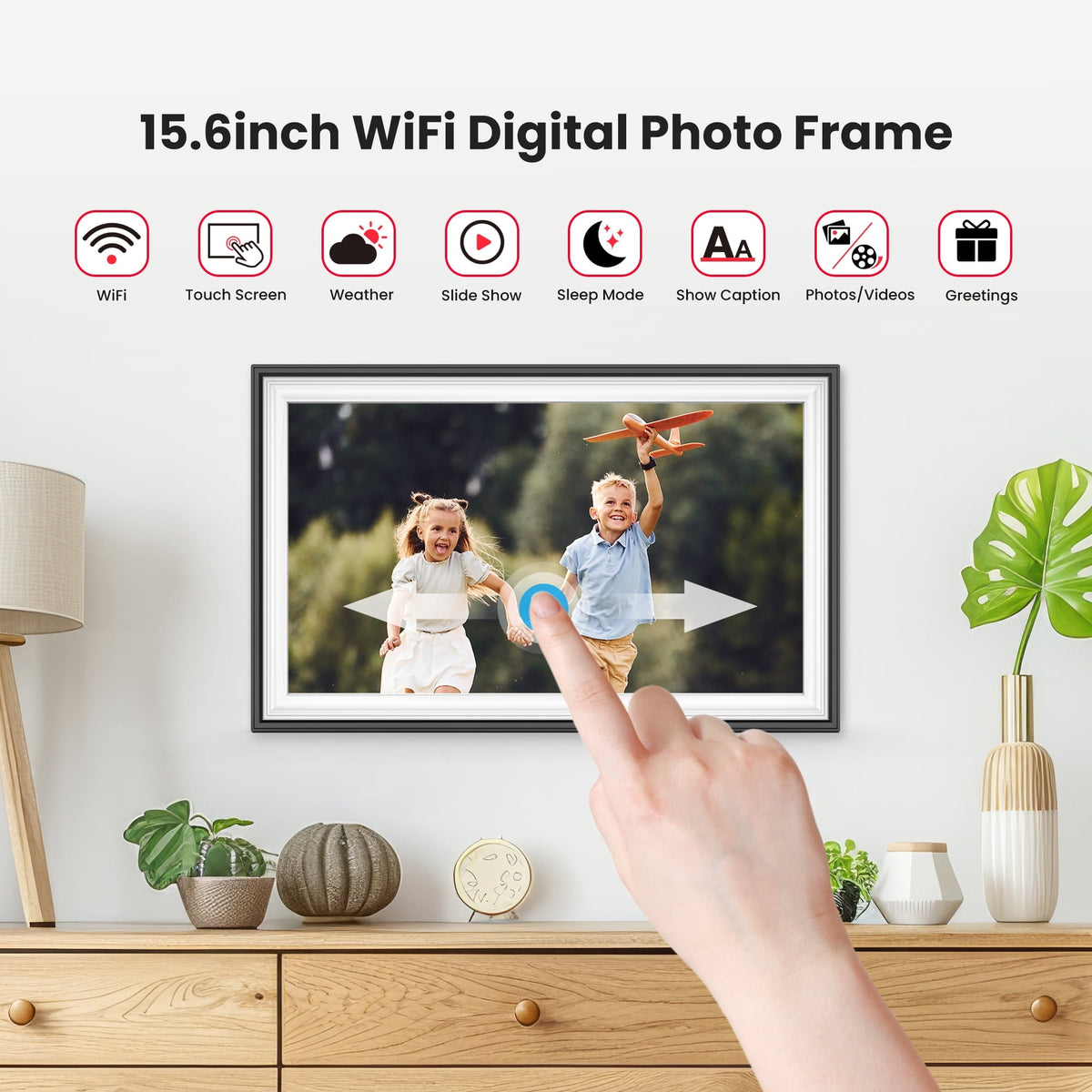 64GB Frameo Digital Picture Frame, TEMASH 15.6 Inch Large Digital Photo Frame WiFi, 1920*1080 FHD IPS Touchscreen Auto Rotate, Easy to Share Photos