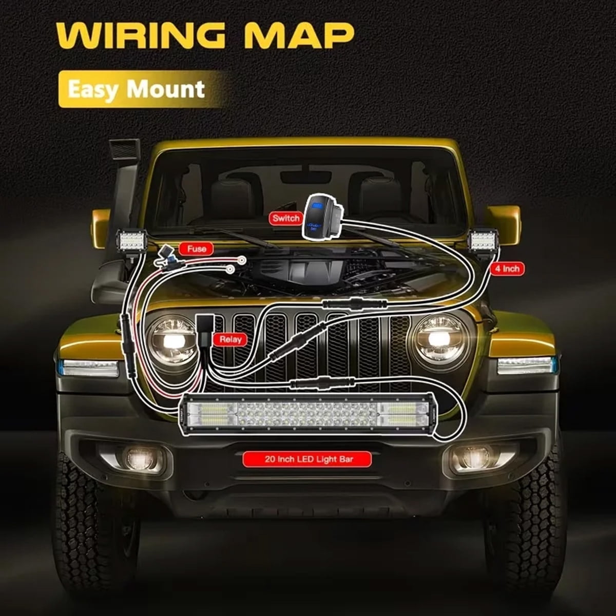 LEDMIRCY 20Inch LED Light Bar and 4Inch LED Pod Lights 2PCS with Rocker Switch Wiring Harness Kit Off Road Lights Spot Flood Combo Beam LED Driving