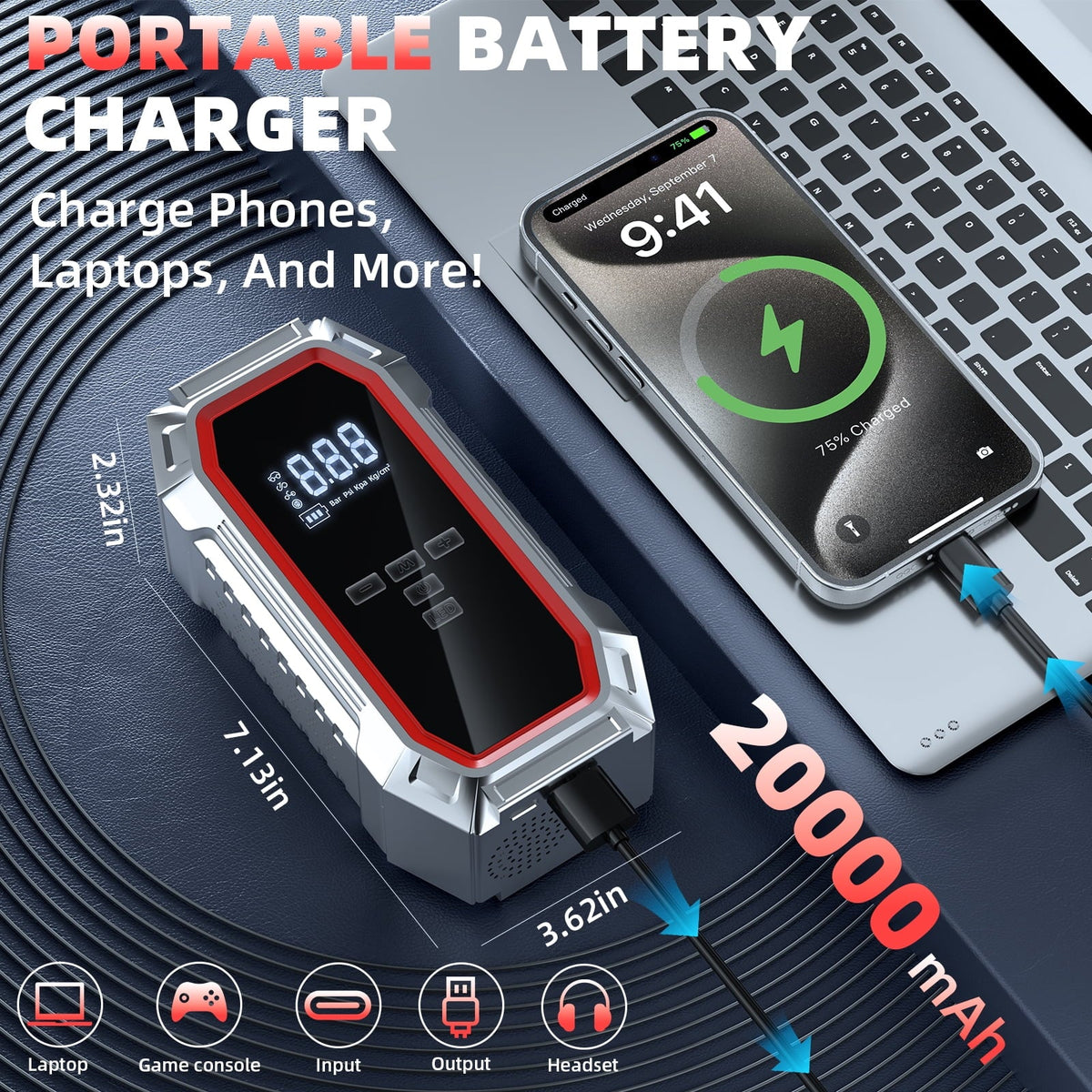 5000A Portable Jump Starter with Air Compressor, 160 PSI Tire Inflator for Cars, Trucks & SUVs, 12V Car Battery Jumper Box with LCD Display, LED