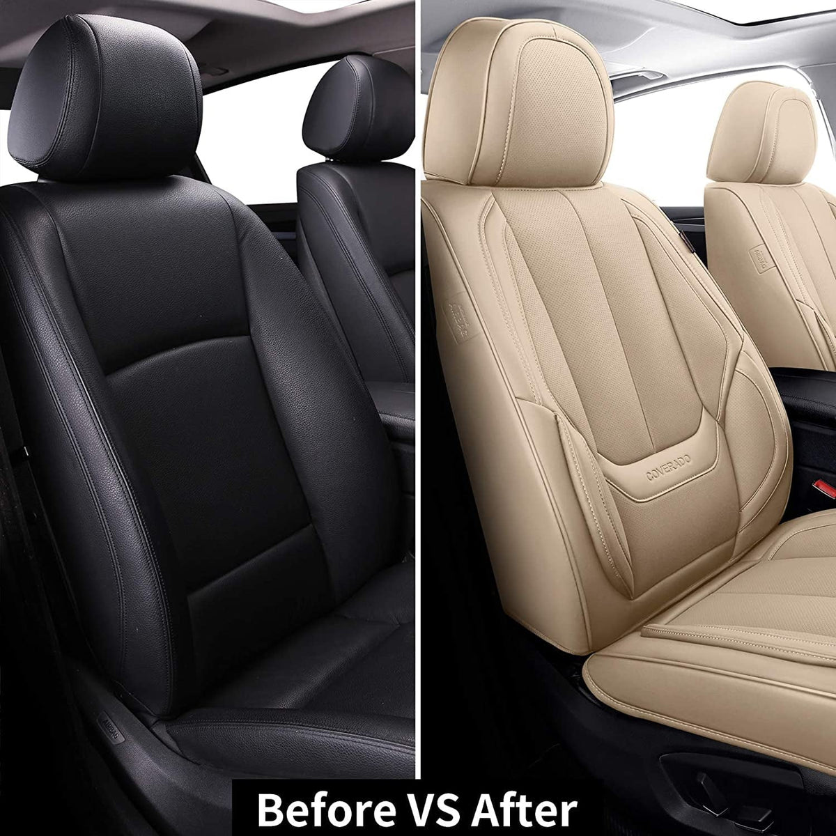 Coverado Beige Front Car Seat Covers, Stylish Waterproof Premium Leather Automotive Seat Protectors, Airbag Compatible Auto Interior Accessories